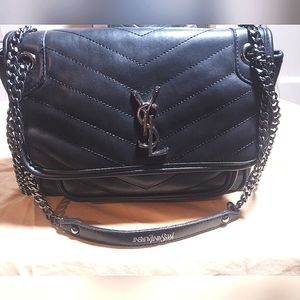 Saint Laurent Niki Medium Quilted Glossed Leather Bag with chrome chain